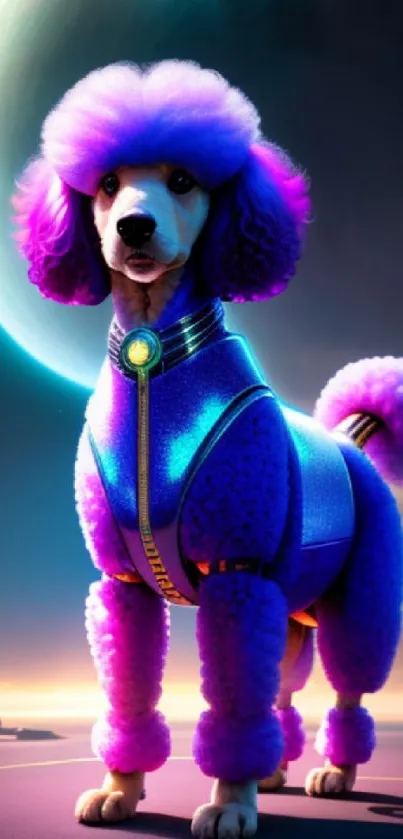 Futuristic poodle standing under moonlit sky.