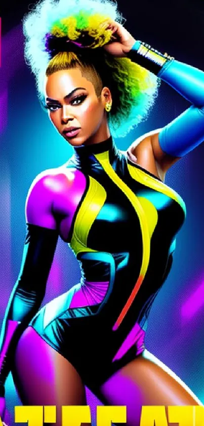 Futuristic pop art wallpaper with neon colors and bold design.