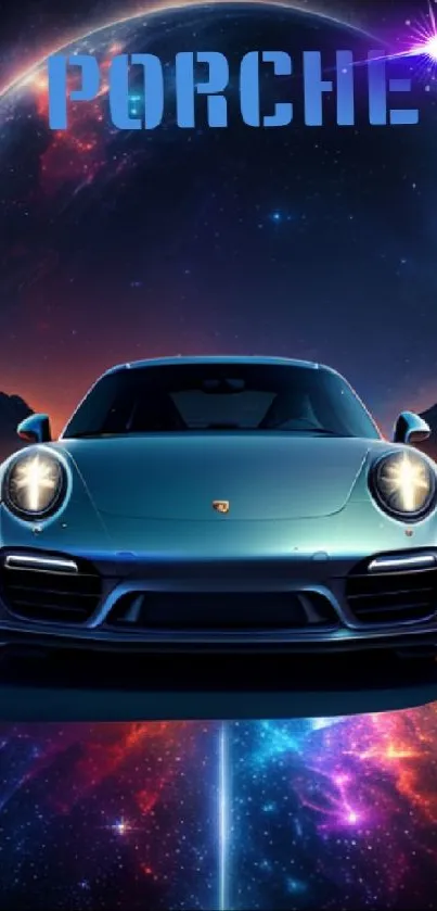 Porsche car in a cosmic scene with a galaxy and futuristic elements.