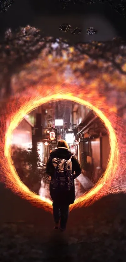 Traveler stepping through a glowing portal in a captivating cityscape wallpaper.