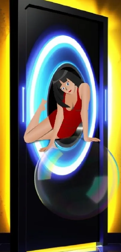 Futuristic art with neon portal and character in red suit.