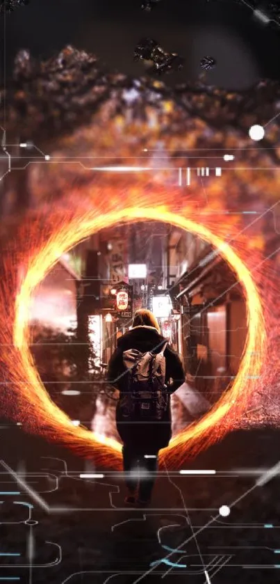 Mysterious traveler in urban landscape with glowing portal and digital effects.