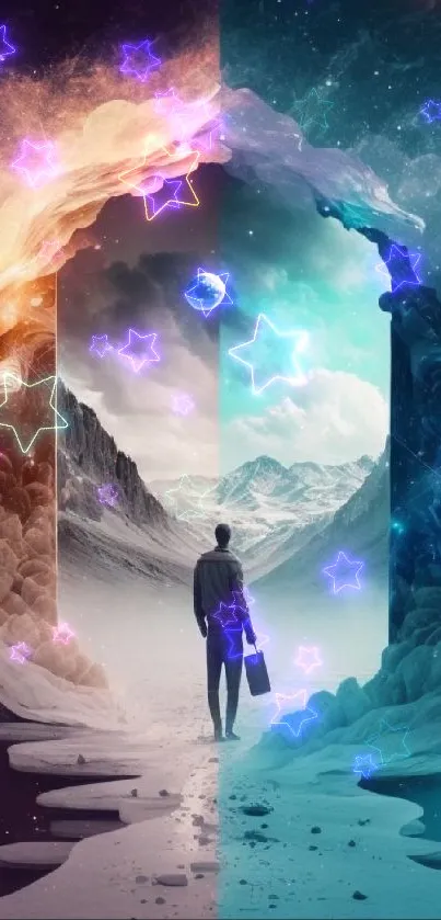 Surreal mobile wallpaper with a portal leading to magical realms.