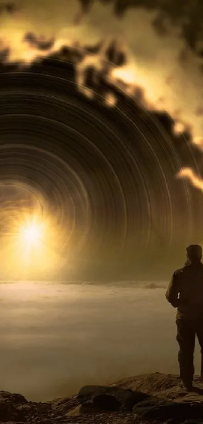 Silhouette facing a glowing portal in a mystical landscape.