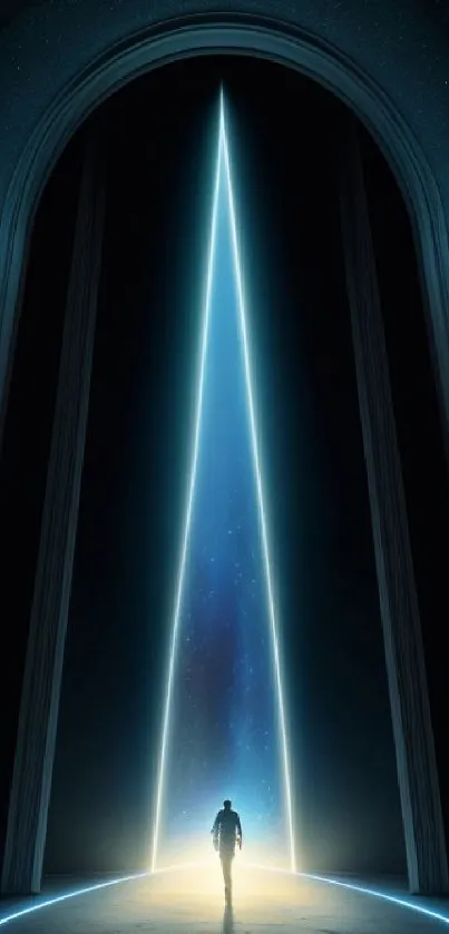 Futuristic portal with glowing arch and starry sky in mobile wallpaper.