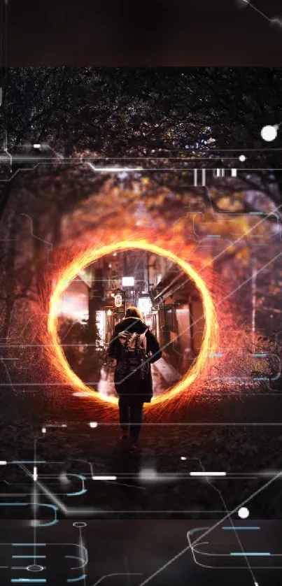 Mysterious figure entering a glowing portal in a futuristic forest scene.