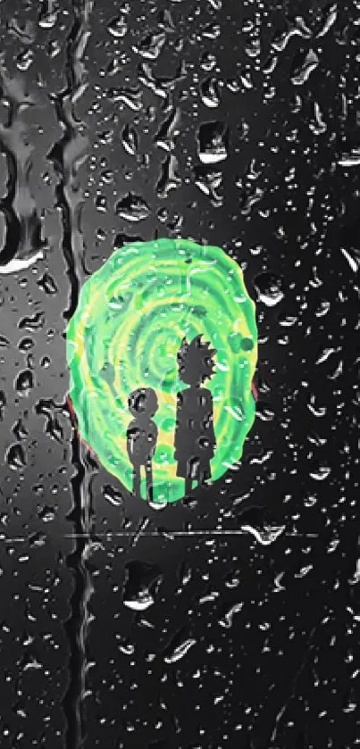 Glowing green portal on a rainy, black background.