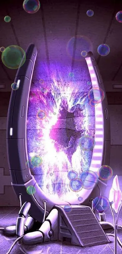 Futuristic portal with a glowing purple vortex in a sci-fi setting.