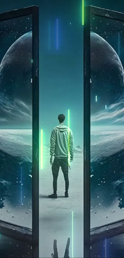 Man stands before futuristic portals, opening to a cosmic landscape.