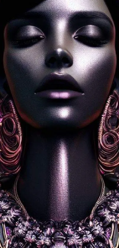 Futuristic portrait art with purple and metallic shades in a digital wallpaper.