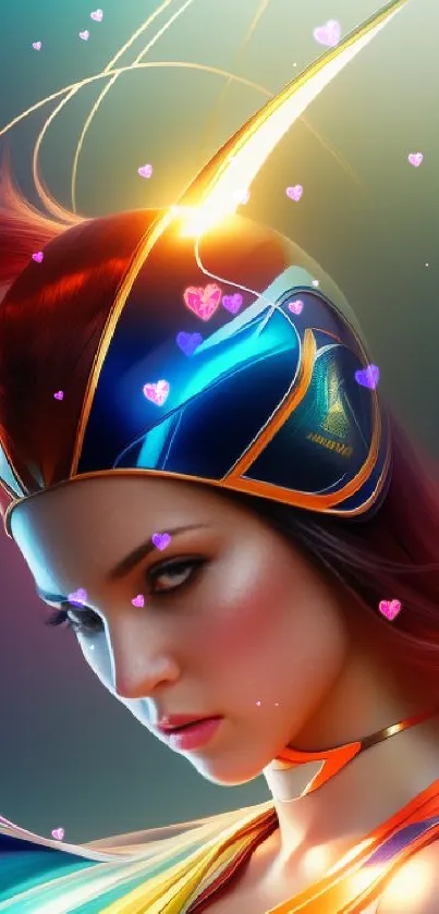 Futuristic digital artwork of a vibrant character with colorful headgear.