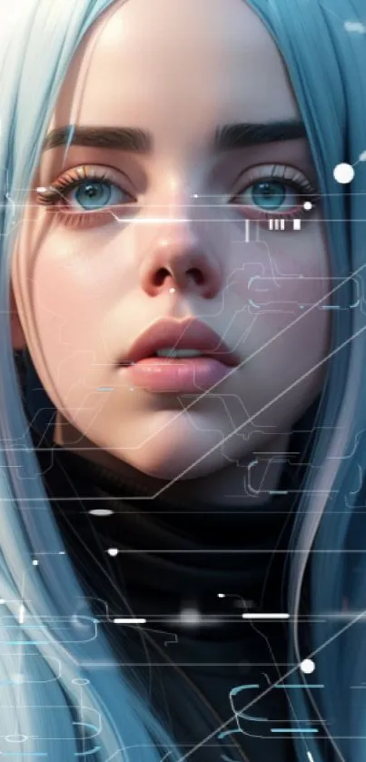 Futuristic digital portrait with blue tones for phone wallpaper.