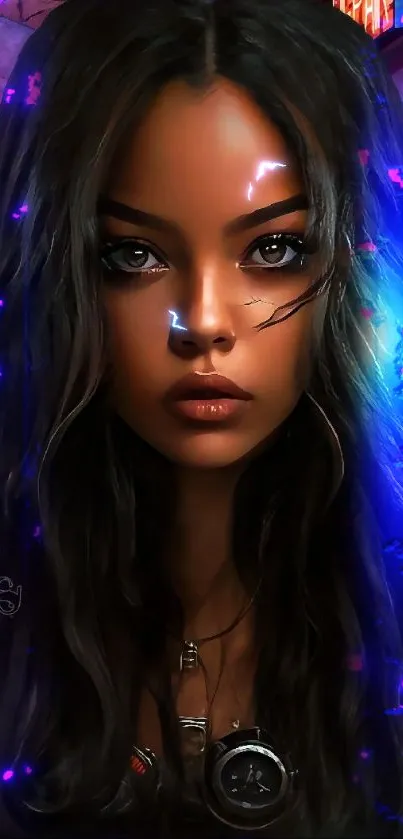 Futuristic portrait of woman with neon urban background.