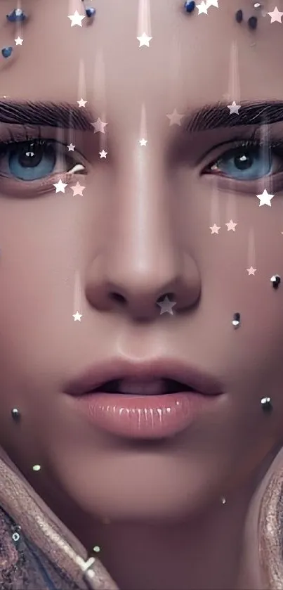 Futuristic portrait with intricate facial details and blue eyes on mobile wallpaper.