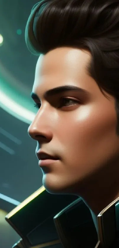 Futuristic wallpaper of a young man's portrait with teal and neon accents.