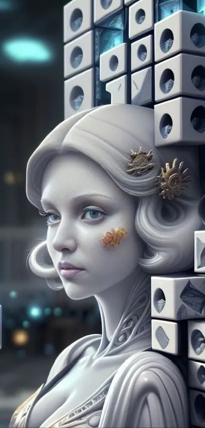 Futuristic digital artwork of a woman with geometric design elements.