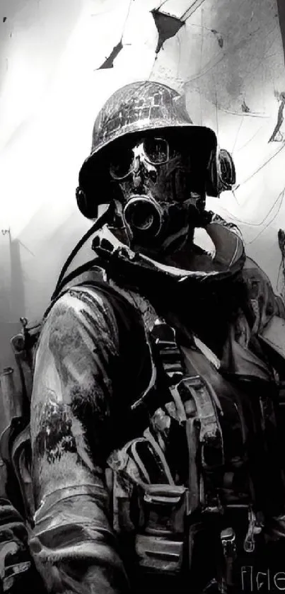 Post-apocalyptic warrior in black and white art with a gas mask.