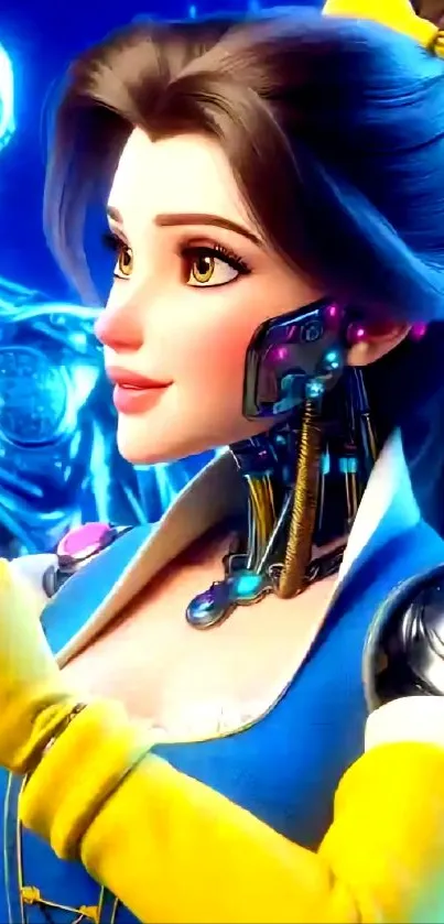 Futuristic princess in neon colors with cyber elements in vibrant digital art style.