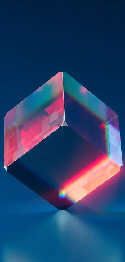 Futuristic blue prism cube with iridescent highlights.