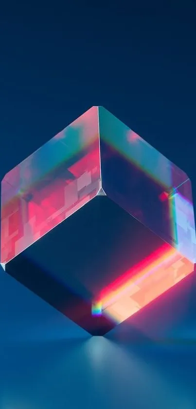 Futuristic prism cube with vibrant neon colors on a blue background.