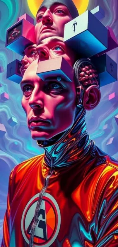 Futuristic psychedelic art with surreal human faces and vibrant colors.