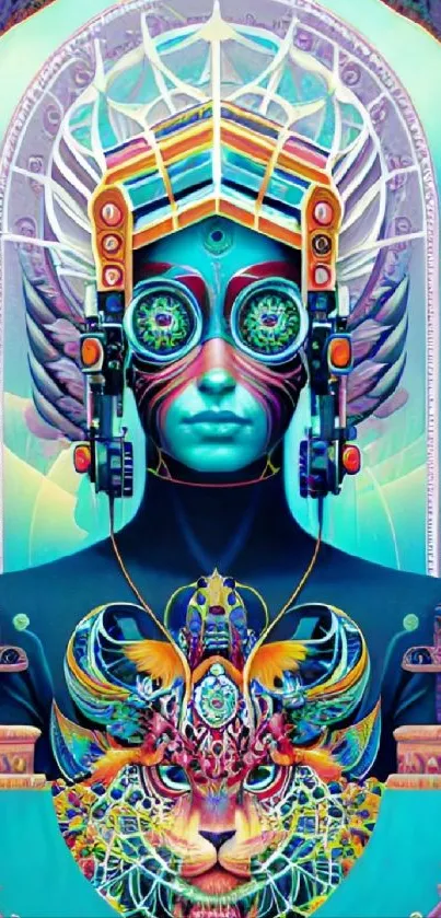 Futuristic psychedelic humanoid art in vibrant colors.