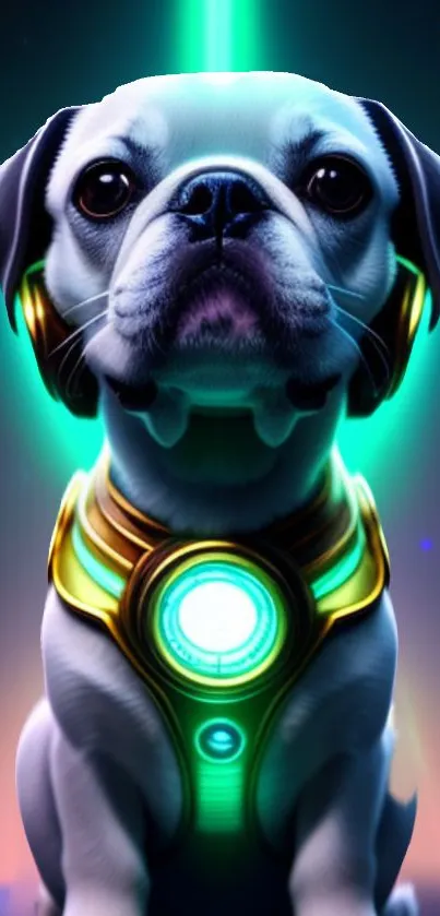 Futuristic pug with a neon glowing collar in digital art style.