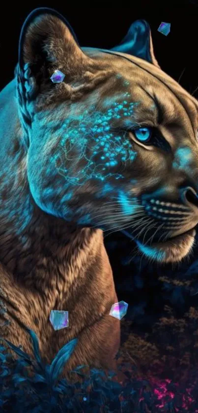 Futuristic art with a glowing puma in vibrant blue patterns.