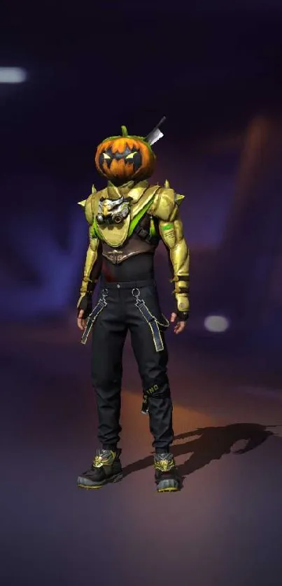 Futuristic warrior with pumpkin helmet on neon backdrop.