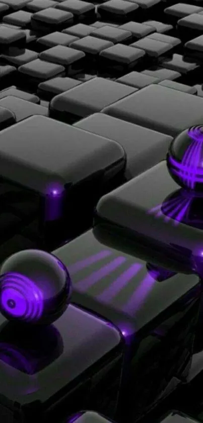 Futuristic 3D black cubes with purple spheres wallpaper.