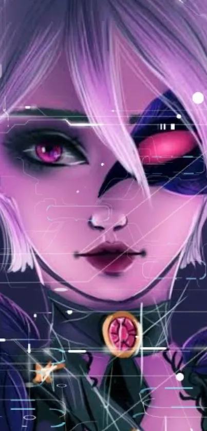 Futuristic anime character with purple theme and vibrant details.