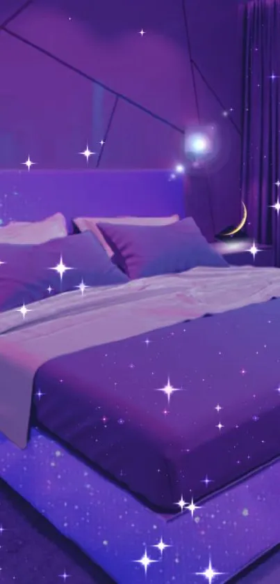 Futuristic neon-lit purple bedroom with starry glow.