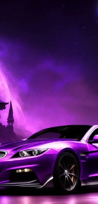 Futuristic purple sports car under a cosmic night sky.