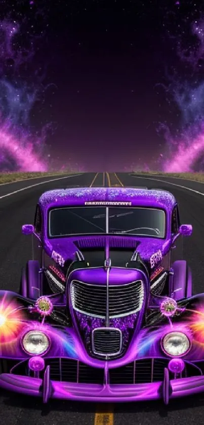 Futuristic purple car on a cosmic road wallpaper for mobile phones.