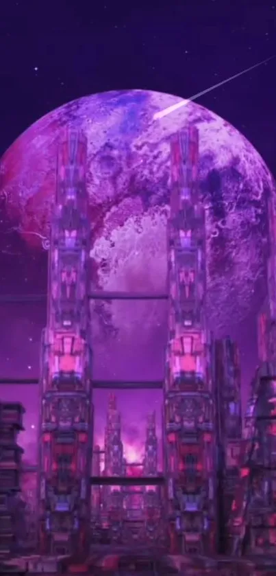 Futuristic purple cityscape with cosmic background.