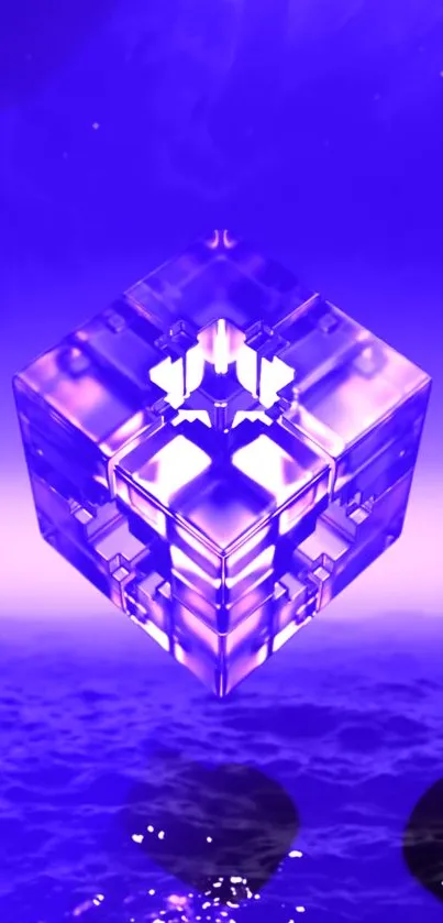 Transparent purple cube above ocean with starry night background.