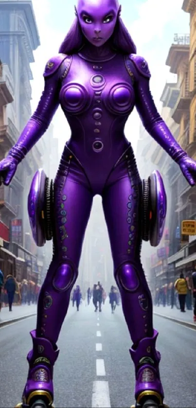 Futuristic purple cyborg skating down an urban street.