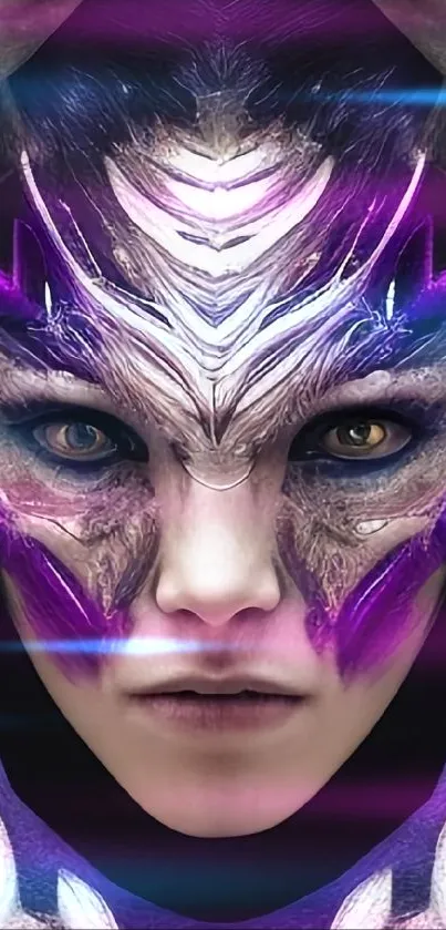 Futuristic face art in purple hues, digital pattern.