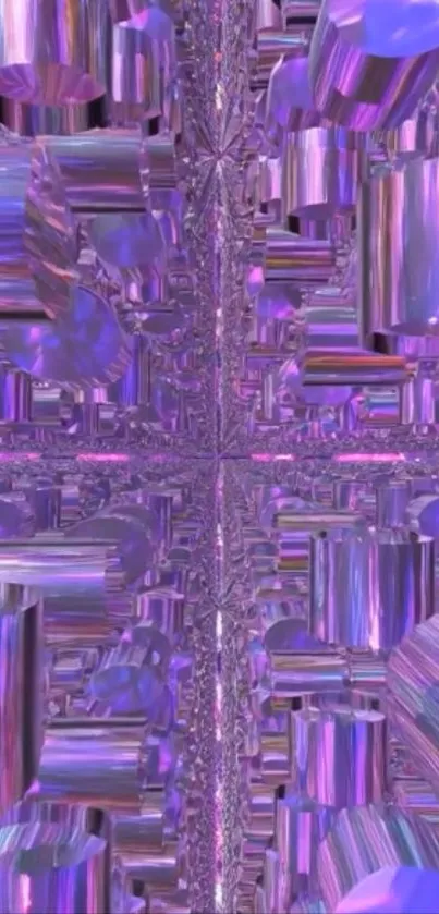 Futuristic purple geometric wallpaper with metallic cylinders.