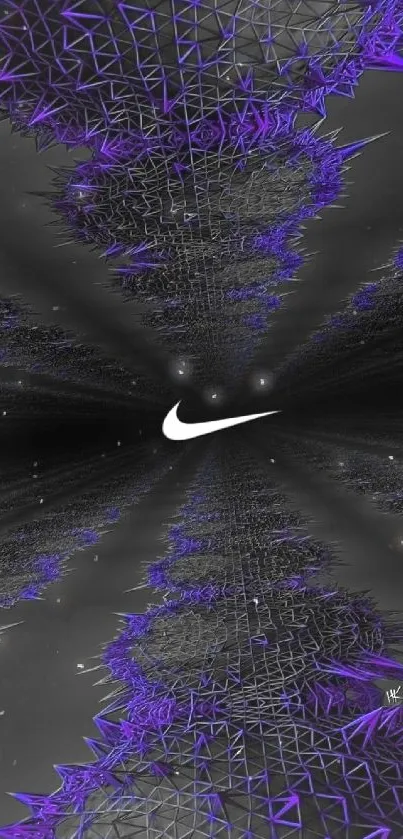 Futuristic wallpaper with purple geometric patterns and a central Nike logo.