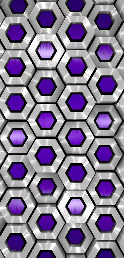 Sleek silver and purple hexagon pattern wallpaper for mobile screen.