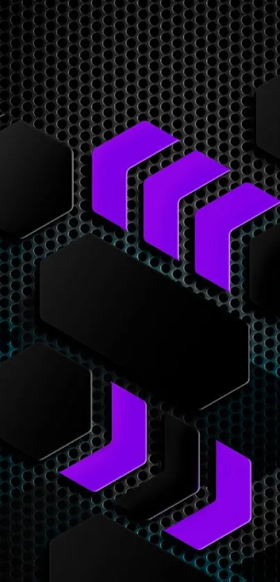 Futuristic mobile wallpaper with purple hexagons on a black background.