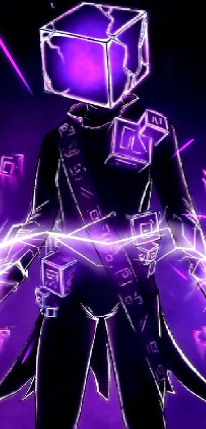 Purple neon character with electricity in hands on a dark background.