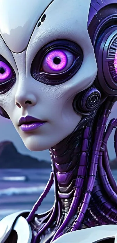 Futuristic purple robot with captivating eyes.