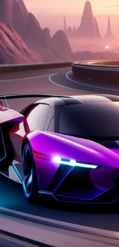 Futuristic purple sports car on winding road at sunset.