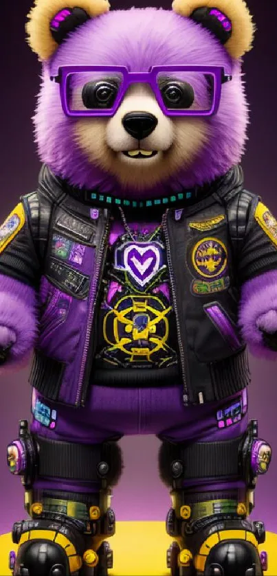 Futuristic purple teddy bear with glasses and colorful jacket.