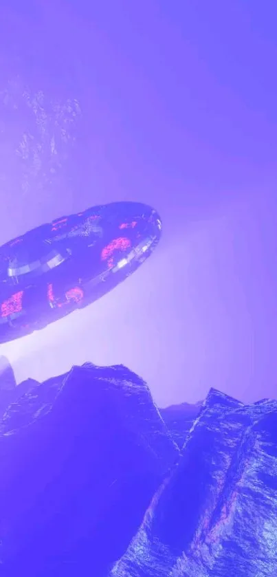 Futuristic purple UFO over rocky landscape, illuminated in mystery.