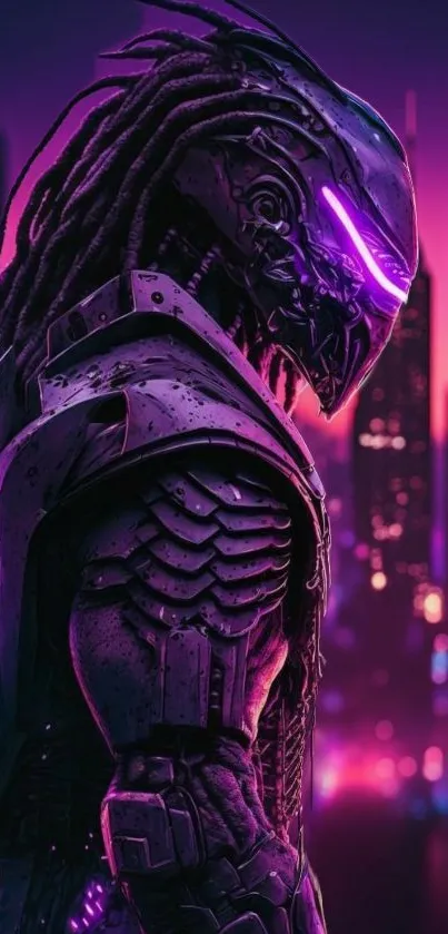 Futuristic warrior in neon-lit cityscape with purple hues.