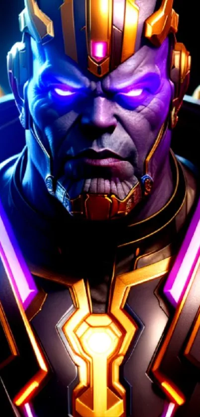 Futuristic warrior in purple armor with neon lights.