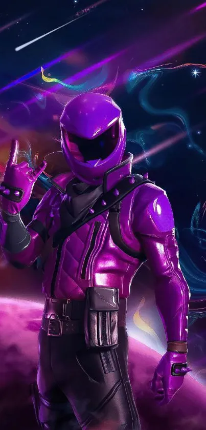 Futuristic purple warrior against cosmic backdrop.